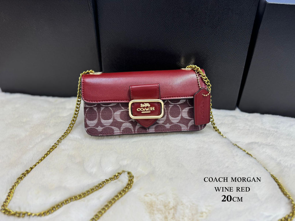 Coach Morgan Fabric Cow Leather Patchwork Shoulder Bag Crossbody Bag Small Size Women's Burgundy
