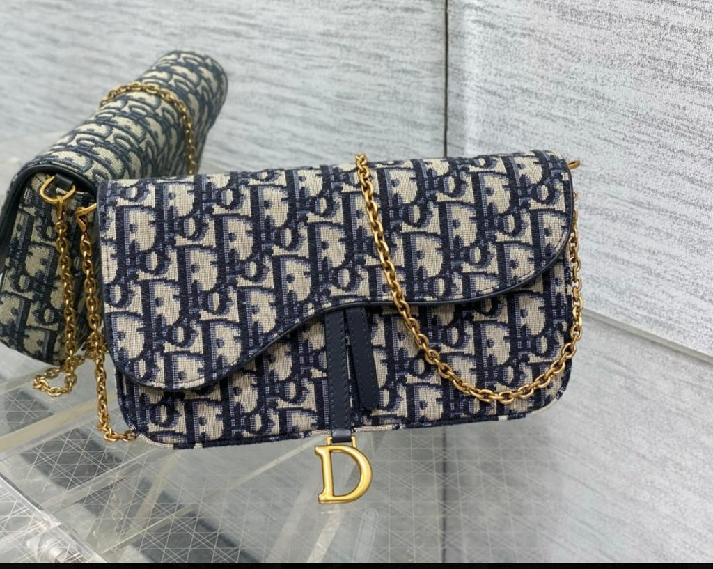 Dior Medium Saddle Pouch with Chain WOC in Blue Dior Oblique Jacquard Canvas