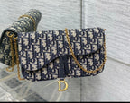 Dior Medium Saddle Pouch with Chain WOC in Blue Dior Oblique Jacquard Canvas