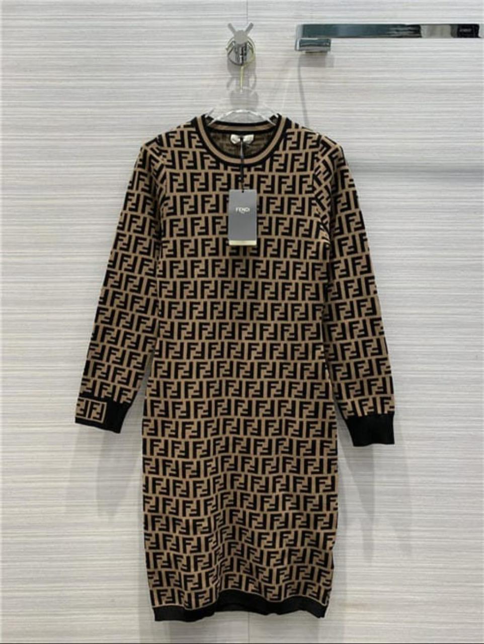 Fendi Women's Brown Cotton Dress With All-Over Logo Print